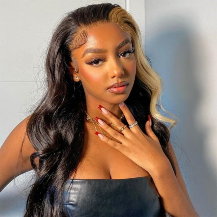 Incolorwig Skunk Stripe Wig With Honey Blonde Highlights Loose Wave Lace Front Wig With Streaks In Front