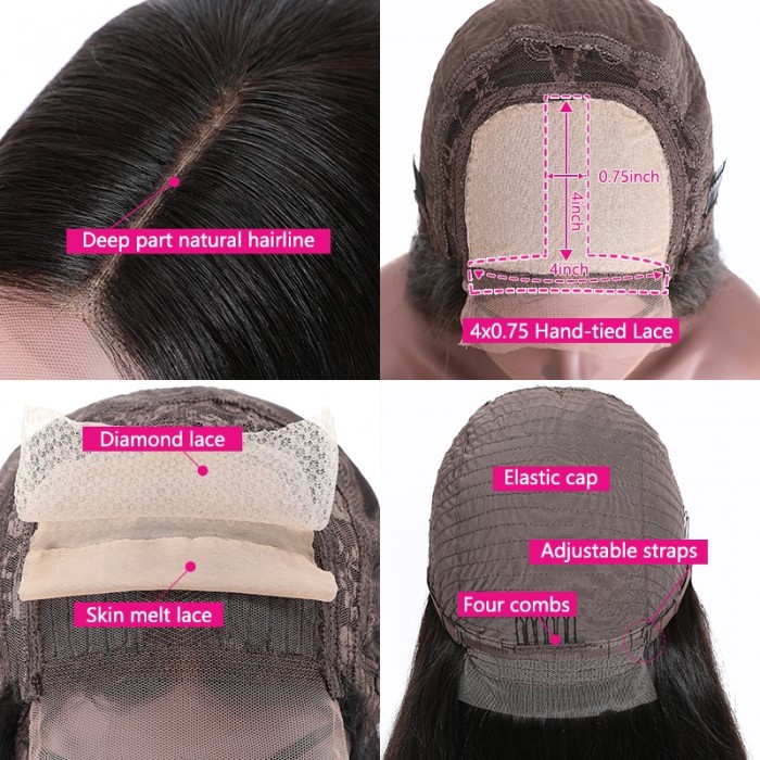 Incolorwig 150% Density Lace Parting Wig Middle Part Human Hair Wig 13*4 Lace Frontal Straight Hair Wig Natural Black Wig