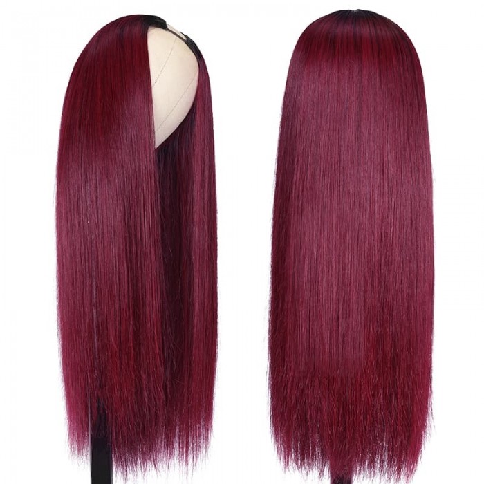 Incolorwig Ombre Burgundy Human Hair Wigs V Part Straight Hair Wigs Glueless U Part Wigs With Dark Root