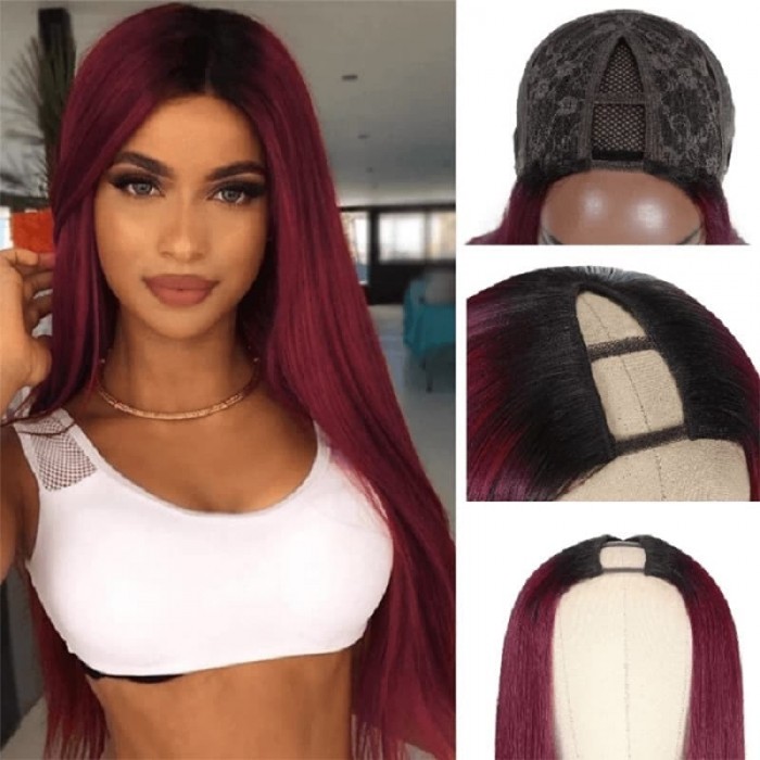 Incolorwig Ombre Burgundy Human Hair Wigs V Part Straight Hair Wigs Glueless U Part Wigs With Dark Root
