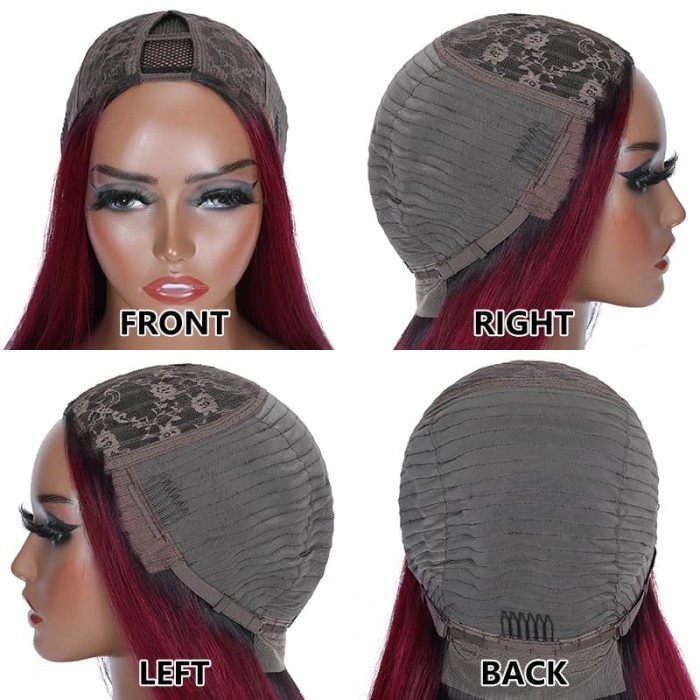Incolorwig Ombre Burgundy Human Hair Wigs V Part Straight Hair Wigs Glueless U Part Wigs With Dark Root