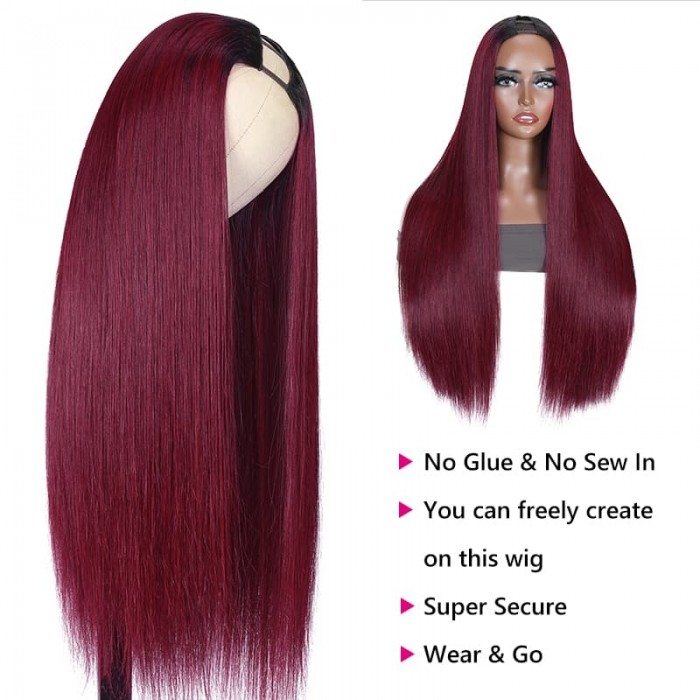 Incolorwig Ombre Burgundy Human Hair Wigs V Part Straight Hair Wigs Glueless U Part Wigs With Dark Root