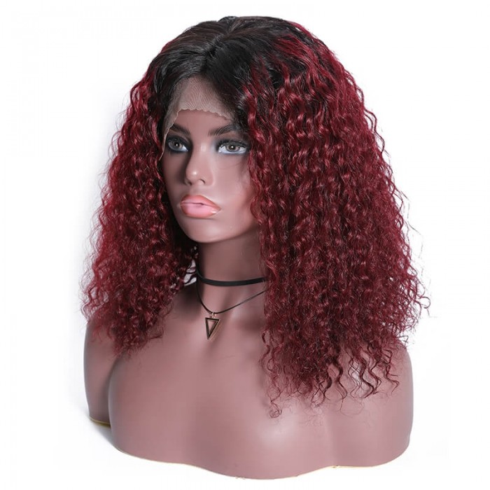 Incolorwig T1B99J Curly Bob Wig Pre-Plucked 13x4 Lace Front Wigs Ombre Red Human Hair 150% Density