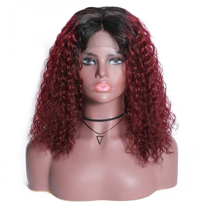 Incolorwig T1B99J Curly Bob Wig Pre-Plucked 13x4 Lace Front Wigs Ombre Red Human Hair 150% Density