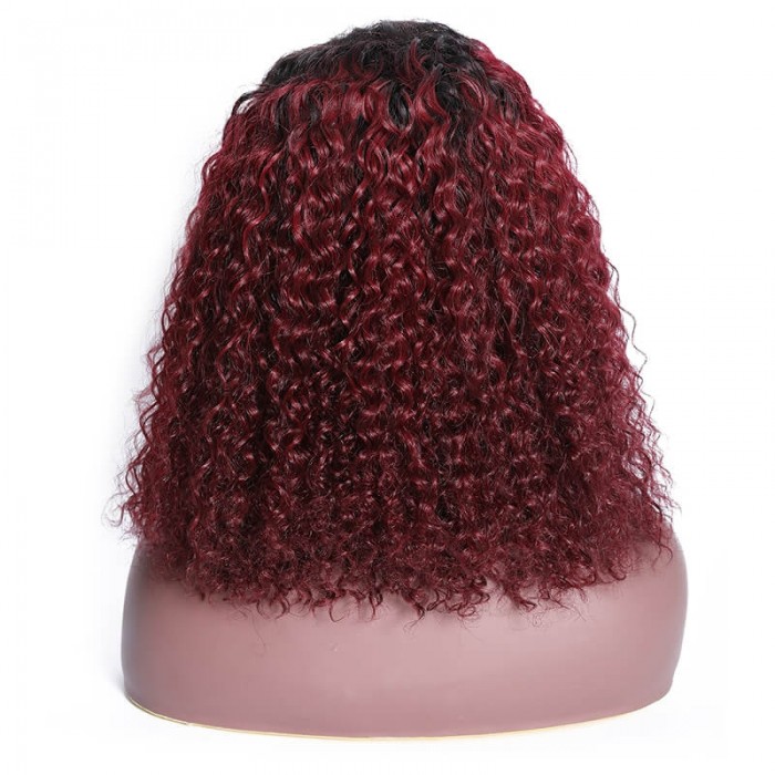 Incolorwig T1B99J Curly Bob Wig Pre-Plucked 13x4 Lace Front Wigs Ombre Red Human Hair 150% Density