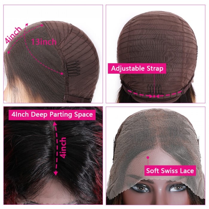 Incolorwig T1B99J Curly Bob Wig Pre-Plucked 13x4 Lace Front Wigs Ombre Red Human Hair 150% Density