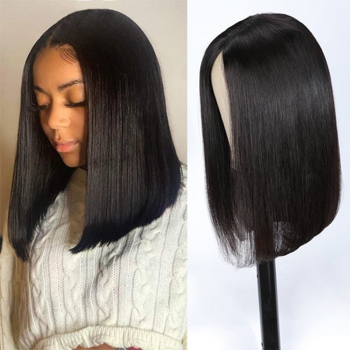 Incolorwig Short Bob V Part Wigs Deep Part Glueless Human Hair Wigs 150% Density Natural Black