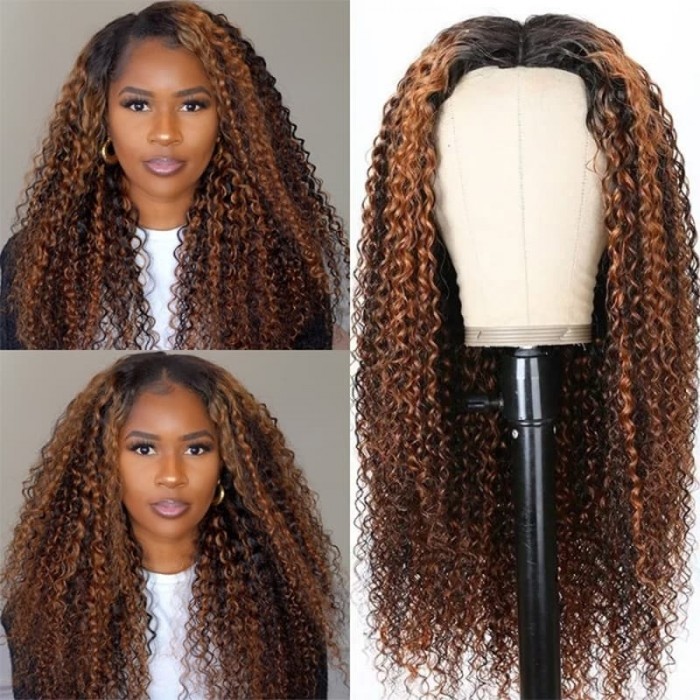 Incolorwig 150% Density Water Wave V Part Wigs Brown Highlight Water Wave Beginner Friendly Upgrade U Part Wig
