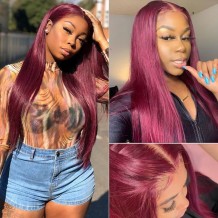 Incolorwig Burgundy Hairline Lace Part Wig Bone Straight Human Hair Wig Wine Red 150% Density Updated Hairline Lace Wig