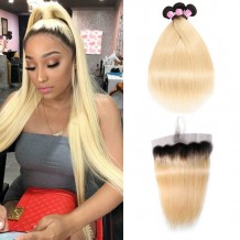 Incolorwig New #T1B613 Ombre Blonde Straight Peruvian 3 Bundles Hair With 13*4 Free Part Lace Frontal