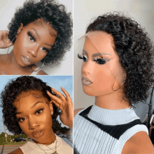 Incolorwig Short Curly Wigs Pixie Cut Wig 150% Density Natural Black 13*1 Lace Frontal Wigs
