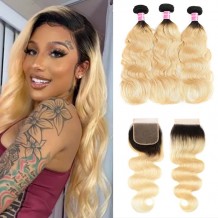 Incolorwig Malaysian Human Hair Combination #T1B613 Ombre Blonde Body Wave Hair 3 Bundles Deals With 4*4 Lace Closure