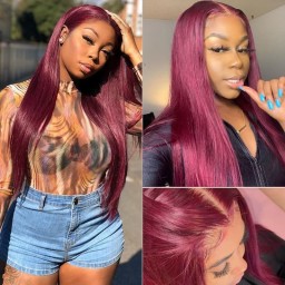 Incolorwig Burgundy Hairline Lace Part Wig Bone Straight Human Hair Wig Wine Red 150% Density Updated Hairline Lace Wig