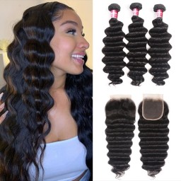 Incolorwig Loose Deep Wave Hair 3 Bundles With 4*4 Closure 100% Virgin Human Hair