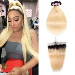 Incolorwig New #T1B613 Ombre Blonde Straight Peruvian 3 Bundles Hair With 13*4 Free Part Lace Frontal