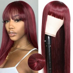 Incolorwig 99J Silk Straight Hair Wigs with Bangs Glueless capless Wigs for Women 99j Red Human Hair Wig