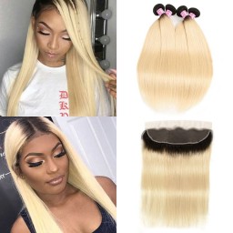Incolorwig #T1B613 Ombre Color Staight Brazilian 4 Bundles Hair With 13*4 Free Part Lace Frontal