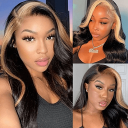 Incolorwig Straight Hair 13x4 Lace Frontal Wig Skunk Stripe Highlight Color Short Bob Wigs 150% Density Mixed Colored Wig