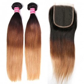 Incolorwig Brazilian Straight Hair #T1B427 Ombre Color 2 Bundles With 4*4 Free Part Lace Closure