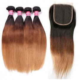 Incolorwig Virgin Brazilian Hair 4 Bundles Hair With 4*4 Free Part Lace Closure #T1B427 Ombre Color Straight Hair