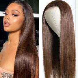 Incolorwig Straight Human Hair #4 Brown Middle Part Lace Wigs Human Hair 150% Density