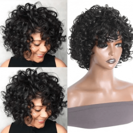 Incolorwig Glueless Short Pix Cut Wigs Bouncy Curl Natural Black With Bangs Glueless Wig