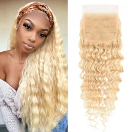 Incolorwig Deep Wave 4*4 Free Part Lace Closure Brazilian #613 Blonde Hair Closure