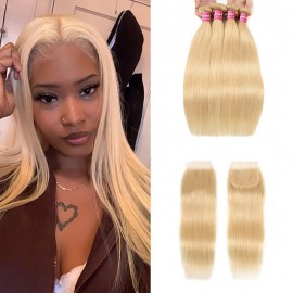 Incolorwig Indian Human Hair Super Thick Combinaiton 4 Bundles Straight Hair #613 Blonde With 4*4 Free Part Lace Closure