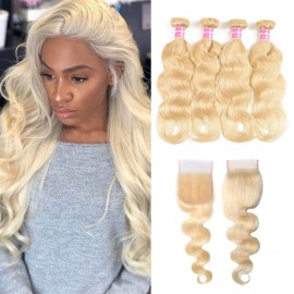 Incolorwig High Quality Indian Human Hair Hot #613 Blonde Body Wave 4 Bundles With 4*4 Lace Closure Free Part Closure