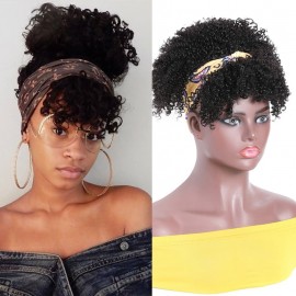 Incolorwig Kinky Curly Headband Wig With Bangs Detachable Short Wigs Natural Color