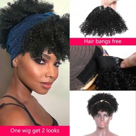 Incolorwig Kinky Curly Headband Wig With Bangs Detachable Short Wigs Natural Color