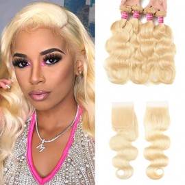 Incolorwig High Quality Malaysian Human Hair Hot #613 Blonde Body Wave 4 Bundles With 4*4 Lace Closure Free Part Closure