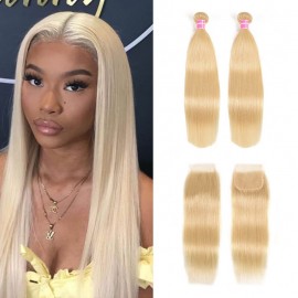 Incolorwig Brazilian #613 Blonde Human Straight Hair 2 Bundles With 4*4 Free Part Lace Closure