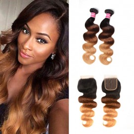 Incolorwig #T1B427 Ombre Color 2 Bundles With 4*4 Free Part Lace Closure Brazilian Body Wave Hair