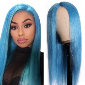 Incolorwig Straight Hair Wig Sky Blue Color Hairline Lace Middle Part Wig 150% Density Human Hairline Lace Wig