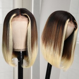 Incolorwig #T1B/4/613 Ombre Bob Wigs With Babyhair 4*0.75 T Part Straight Bob Lace Wigs 150% Density
