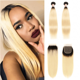 Incolorwig Brazilian Straight Hair #T1B613 Ombre Blonde Hair 2 Bundles With 4*4 Free Part Lace Closure Combination