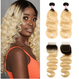 Incolorwig Brazilian Hair #T1B613 Ombre Blonde Color Body Wave Hair Combination 2 Bundles With 4*4 Free Part Lace Closure