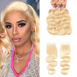 Incolorwig 613 Blonde Brazilian Body Wave Human Hair 3 Bundles With 4*4 Free Part Lace Closure