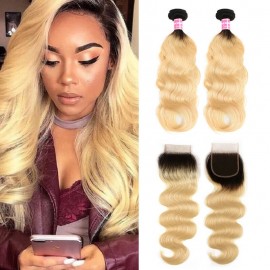 Incolorwig Brazilian Hair #T1B613 Ombre Blonde Color Body Wave Hair Combination 2 Bundles With 4*4 Free Part Lace Closure