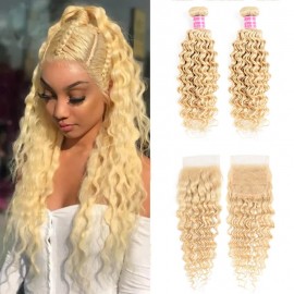Incolorwig Brazilian #613 Blonde New Deep Wave Hair 2 Bundles With 4*4 Free Part Lace Closure