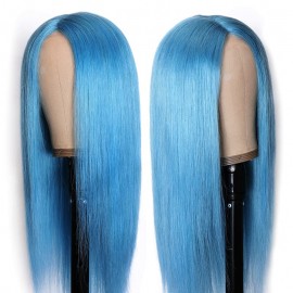 Incolorwig Straight Hair Wig Sky Blue Color Hairline Lace Middle Part Wig 150% Density Human Hairline Lace Wig