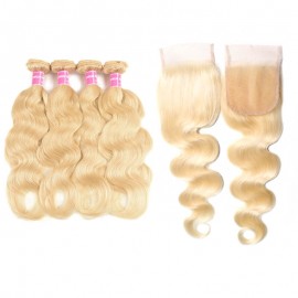 Incolorwig High Quality Malaysian Human Hair Hot #613 Blonde Body Wave 4 Bundles With 4*4 Lace Closure Free Part Closure