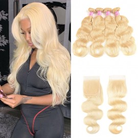Incolorwig Hot #613 Blonde Body Wave 4 Bundles With 4*4 Lace Closure Free Part High Quality Brazilian Hair