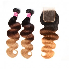 Incolorwig #T1B427 Ombre Color 2 Bundles With 4*4 Free Part Lace Closure Brazilian Body Wave Hair