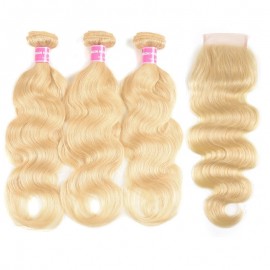 Incolorwig 613 Blonde Brazilian Body Wave Human Hair 3 Bundles With 4*4 Free Part Lace Closure
