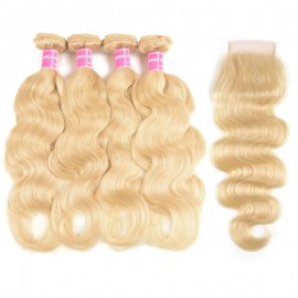 Incolorwig High Quality Indian Human Hair Hot #613 Blonde Body Wave 4 Bundles With 4*4 Lace Closure Free Part Closure