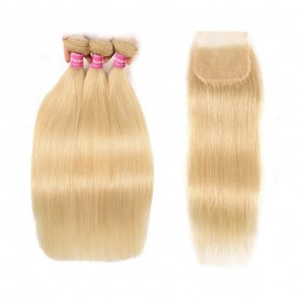 Incolorwig New Indian Human Hair #613 Blonde Straight Hair Combination 3 Bundles With 4*4 Lace Closure
