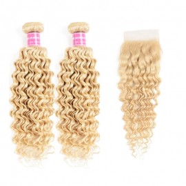 Incolorwig Brazilian #613 Blonde New Deep Wave Hair 2 Bundles With 4*4 Free Part Lace Closure