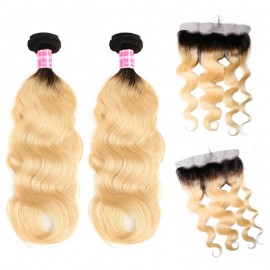 Incolorwig New Arrival #T1B613 Ombre Blonde Color Body Wave Hair Combination 2 Bundles With 13*4 Free Part Lace Frontal